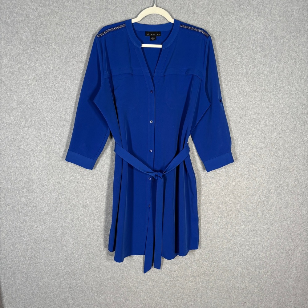 Satin Shirt Dress XL Belted Embellished Shoulders Buttons Nautical Flowy Careerโ